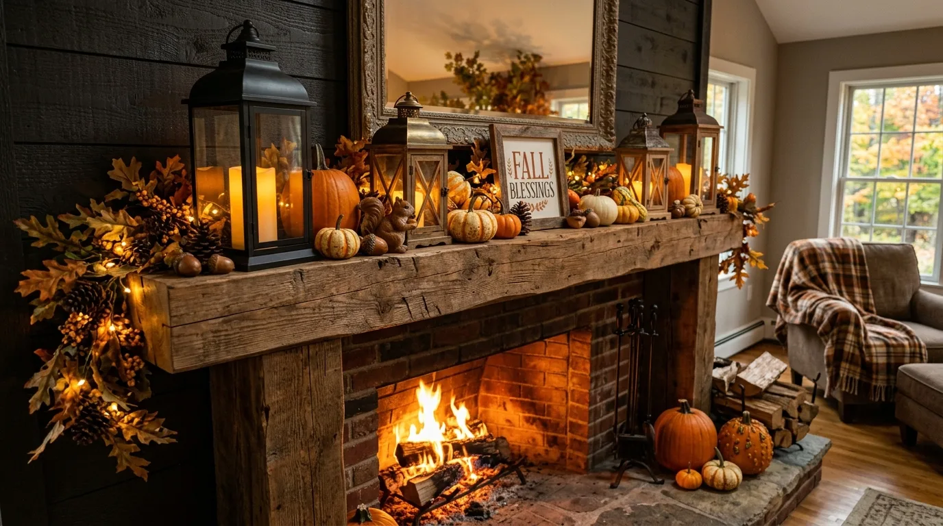 Fall mantel with lanterns and pumpkins